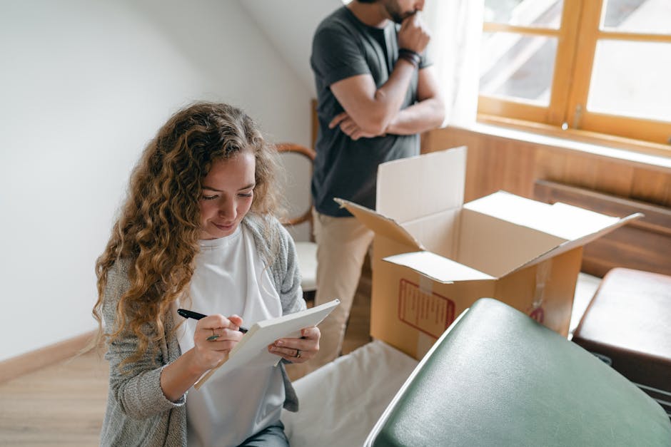 A woman with long blonde hair, wearing a dark grey short-sleeved top, is holding a clipboard and a black marker while preparing a detailed checklist for house removals. She is standing inside a room w