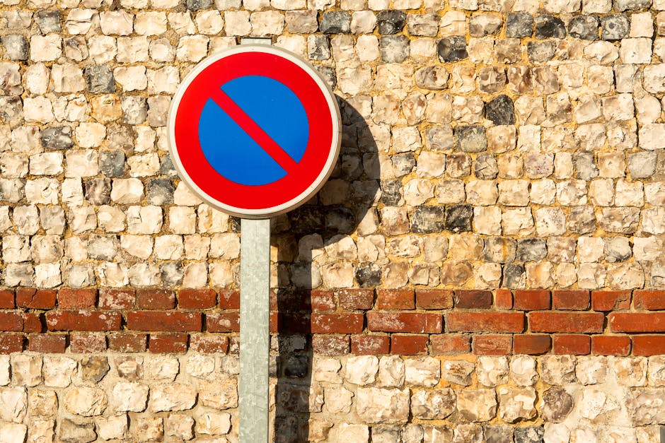 A round, illuminated no parking sign with a red border and blue interior featuring a red diagonal line across it, mounted on a black metal bracket attached to a red brick wall. The wall consists of un