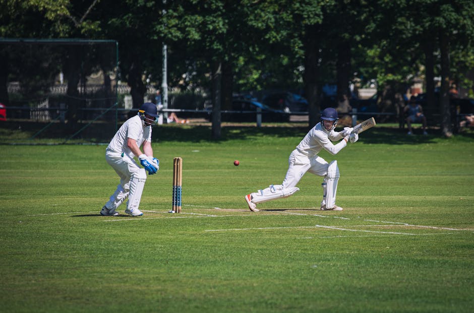 A cricket match is in progress on a sunny day in a park or sports field with lush green grass. The scene features two players dressed in white cricket uniforms, including helmets and pads, engaged in
